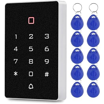 FTSTech 125KHz ID Standalone Keyboard with Wiegand Interface RFID Reader for Access Security Apartment Security System with 10 Pieces Blue Keychains