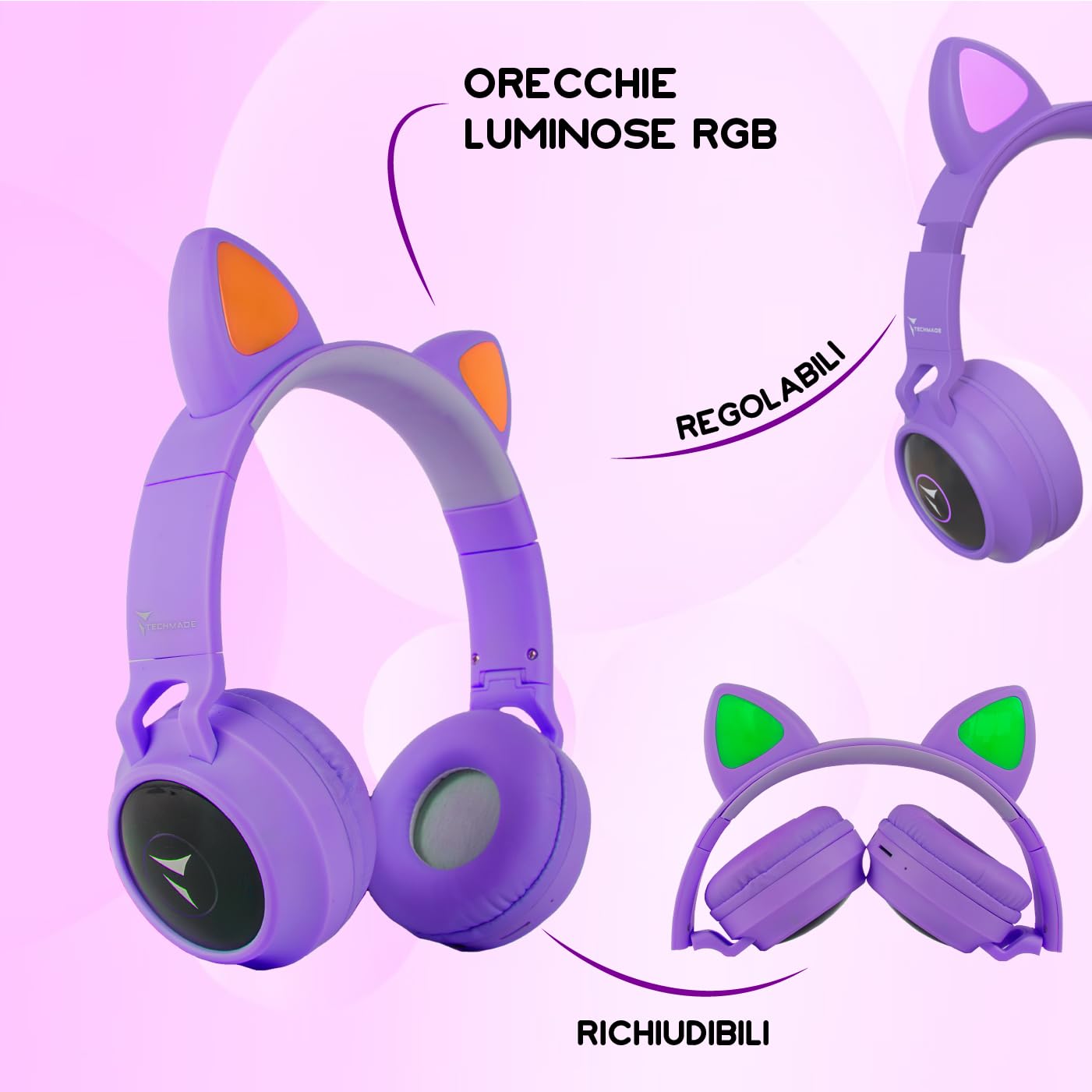 TECHMADE - Cuffie Bluetooth con Orecchie di Gatto | LED Luminosi | Microfono Integrato per IOS/Android/PC | Modalità Radio FM | Compatibili con SD Card e Cavo Jack | Colore Viola