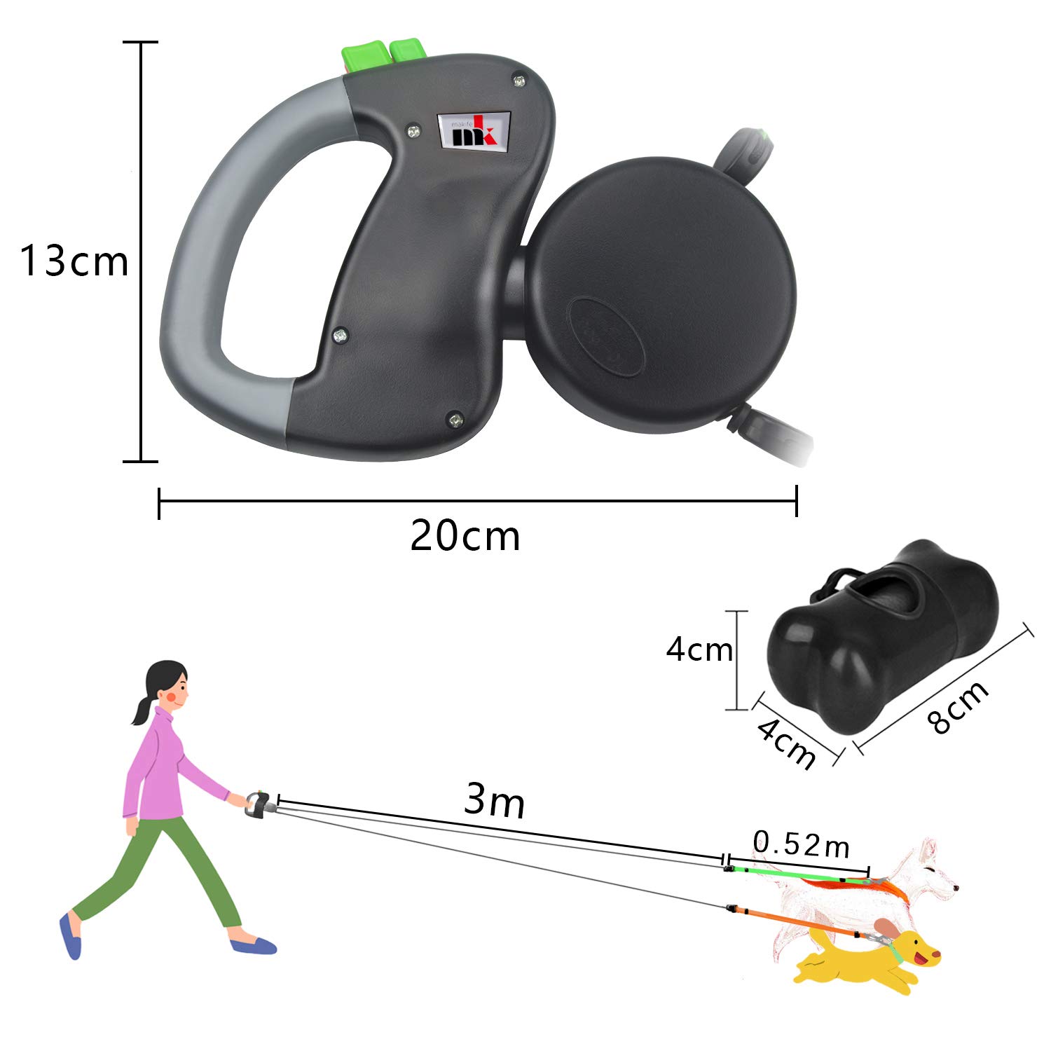 Doppelte Einziehbare Hundeleine Makife Dual Doggie Pet Leash Hundeleine Automatische Hund Versenkbar Leine, Einziehbare 3m Geeignet für Kleine und Mittelgroße Hunde Wandern Joggen 15pcs Hundekotbeutel