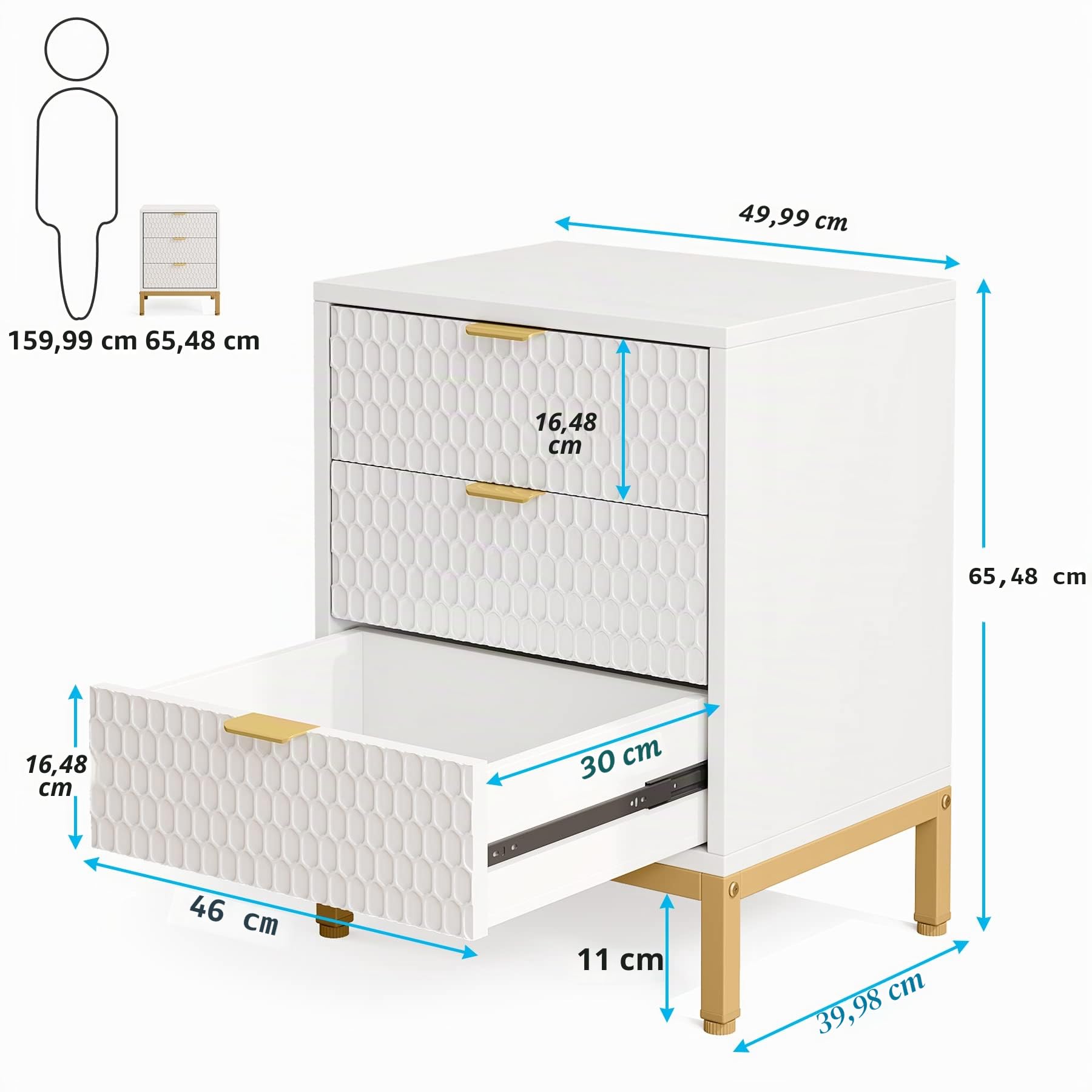 Tribesigns Comodino Set di 2, 3 cassetti alto comodino con stoccaggio, moderno elegante tavolino per camera da letto, soggiorno, bianco e oro (Confezione Da 1 Pezzo.)