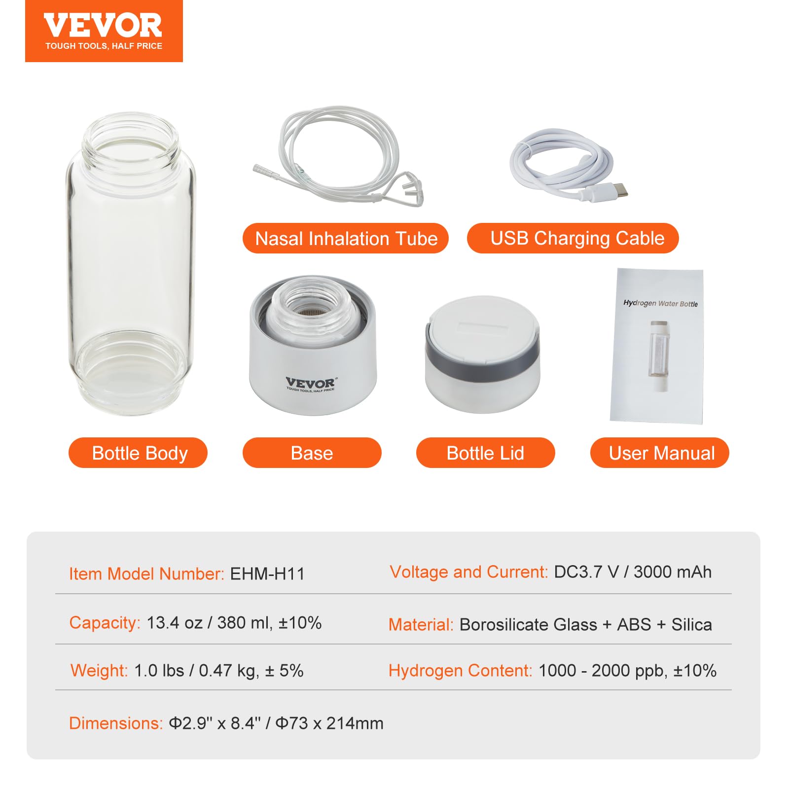 VEVOR Generatore di Bottiglie d'Acqua di Idrogeno, Macchina per Ionizzazione d'Acqua 380 ml, Macchina per Ionizzatore d'Acqua Ricca di Idrogeno Tecnologia SPE con Tubo Inalazione Nasale Autopulente