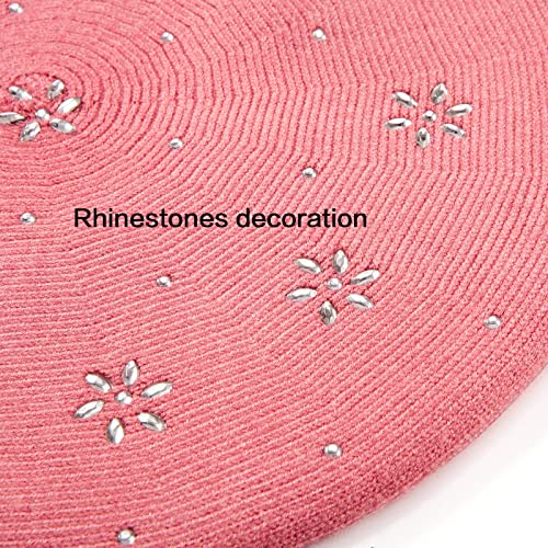 Ladybro Rhinestone Beret Hats For Women 2 Layers Wool French Hat Lady Winter Black Red (Dark Pink (Floral Pattern)) #TOP5
