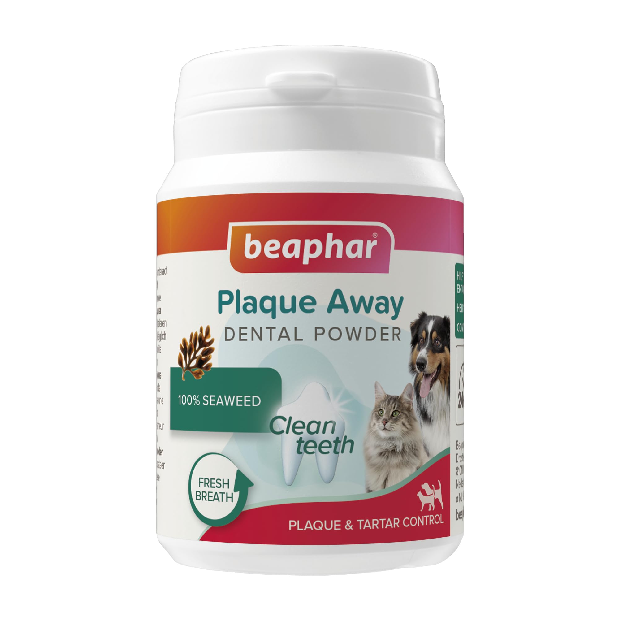Beaphar – Plaque Away Dental Powder For Cats & Dogs – Anti-Plaque & Anti-Tartar - Prevents Bad Breath –100% Natural Teeth Cleaner - Easy-To-Use Sprinkle Over Food - Daily Dental Support - 80g Tub
