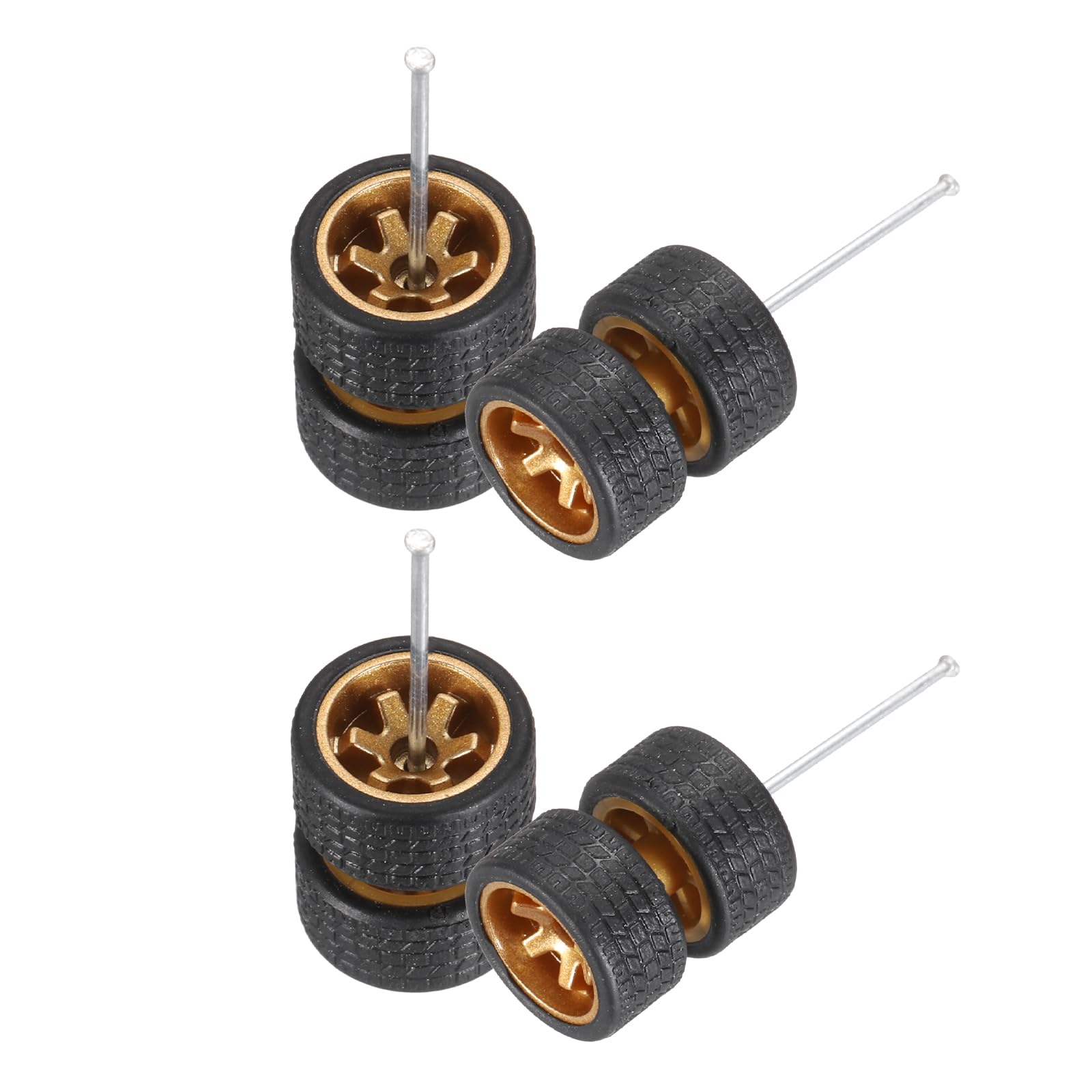 sourcing map 4 Set 1/64 Wheels and Tires Set, Real Riders Rims Includes Axles for RC Diecast Car DIY Model, Gold Rims
