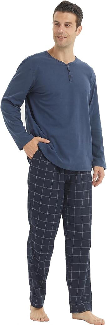 LANDUNSI Pajama Set for Men Long Sleeve Henley Microfleece Shirt & Flannel Plaid Pants Christmas Pajamas Soft Pjs Sleepwear