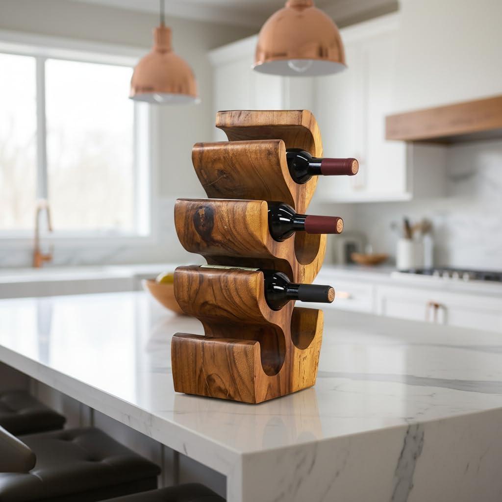 6 Bottle Wood Brown Wine Rack Tabletop Cabinet 19.7" Height Handmade Rustic Wooden Wine Rack Countertop Bottle Holder Stand Kitchen Cellar Storage Home Bar Corner Home Decor
