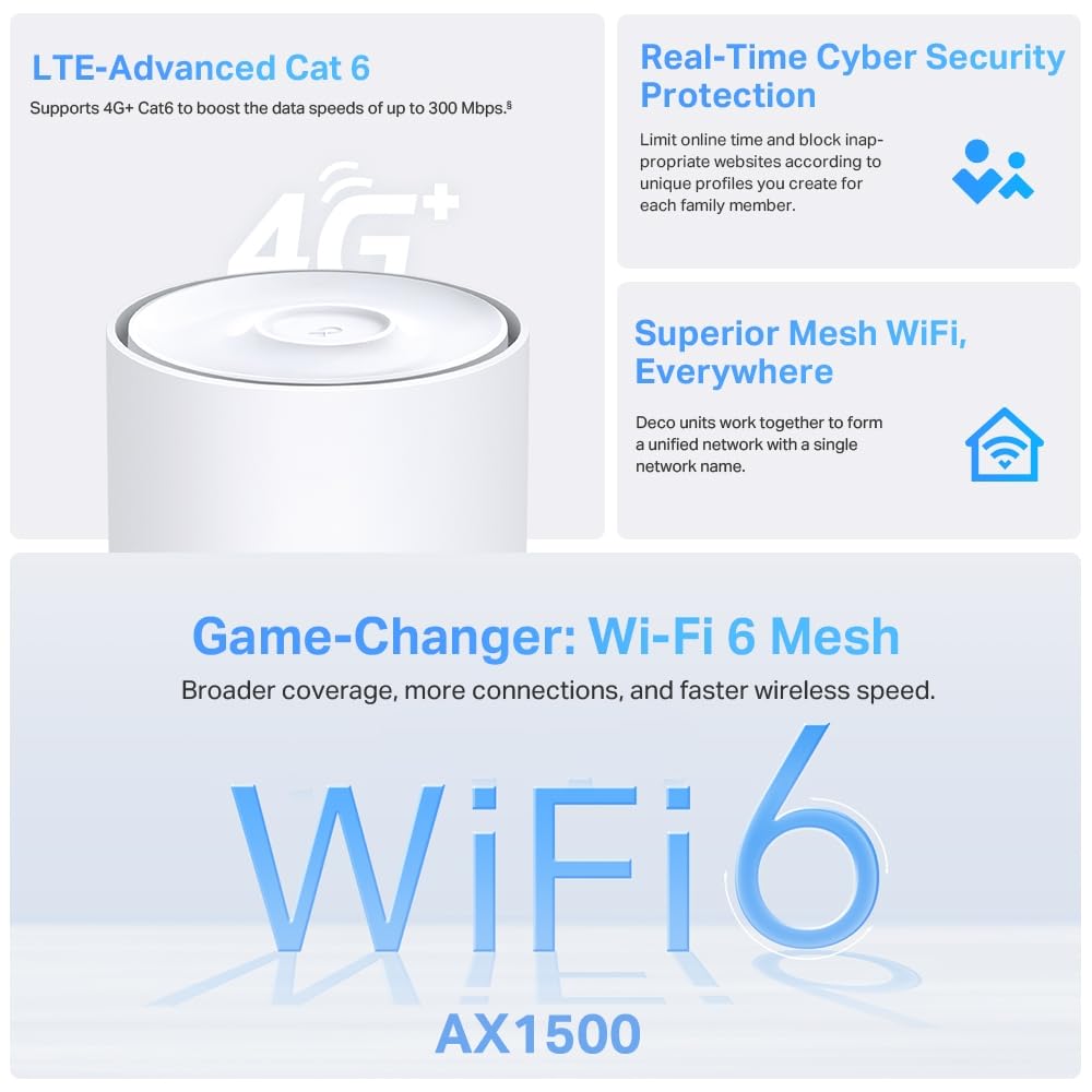 TP-Link Deco X1500-4G LTE WLAN Router, 4G+ Router SIM-Karte, 3 x Gigabit-Ports, Wi-Fi 6 AX1500, Unterstützt Externe Antenne und Deco Mesh, Nur APP verwaltet, Keine Webverwaltungsseite
