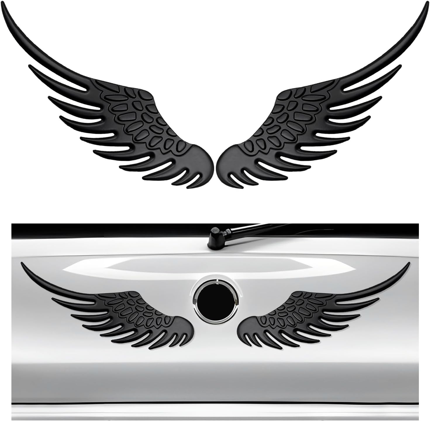 Dickno 2PCS Angel Wings Car Stickers, 3D Alloy Metal Angel Hawk Eagle Wings Emblem Badge Decal, Anti-Collision Auto Body Logo Sticker, Universal Vehicle Exterior Decor Accessories (Black)