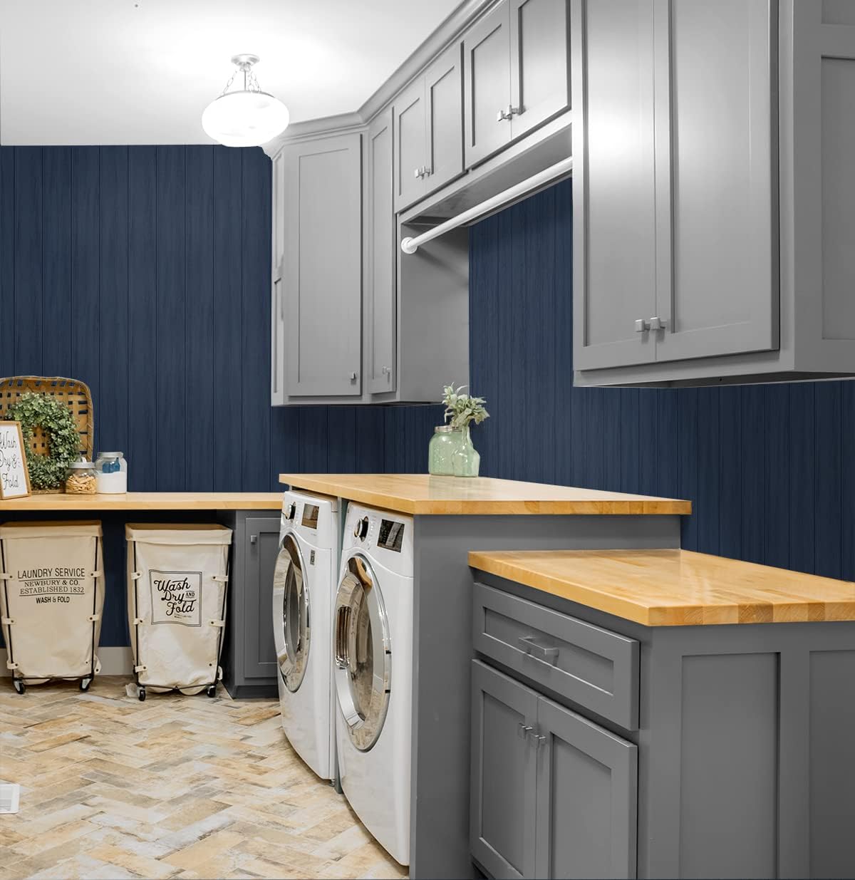 NextWall Faux Wood Panel Peel and Stick Wallpaper (Naval Blue)