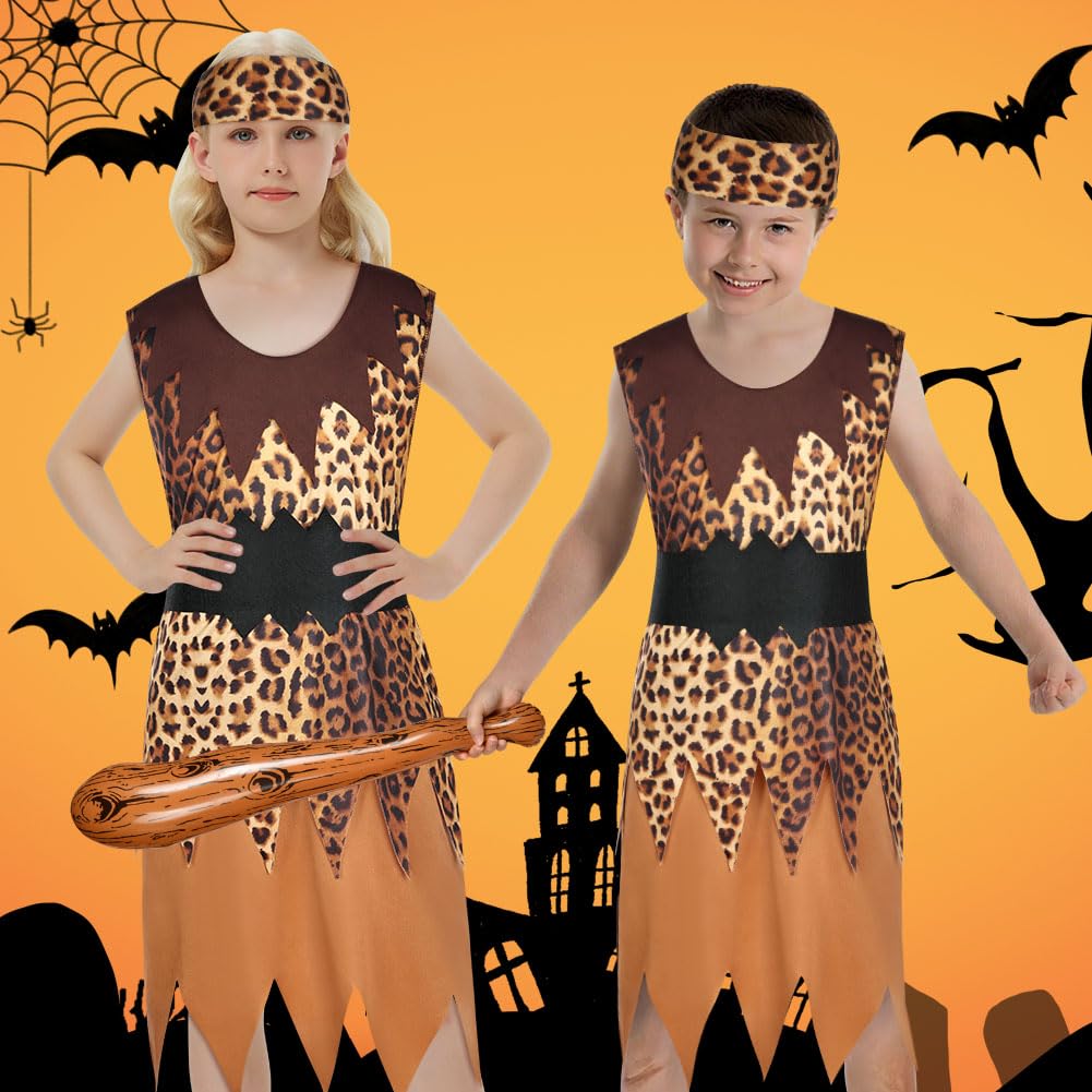 AYBUY Caveman Costume, Stone Age Themed Wild Cave Outfit for Kids Halloween Cosplay Fancy Dress, Leopard Print Robe, Belt - Image 4