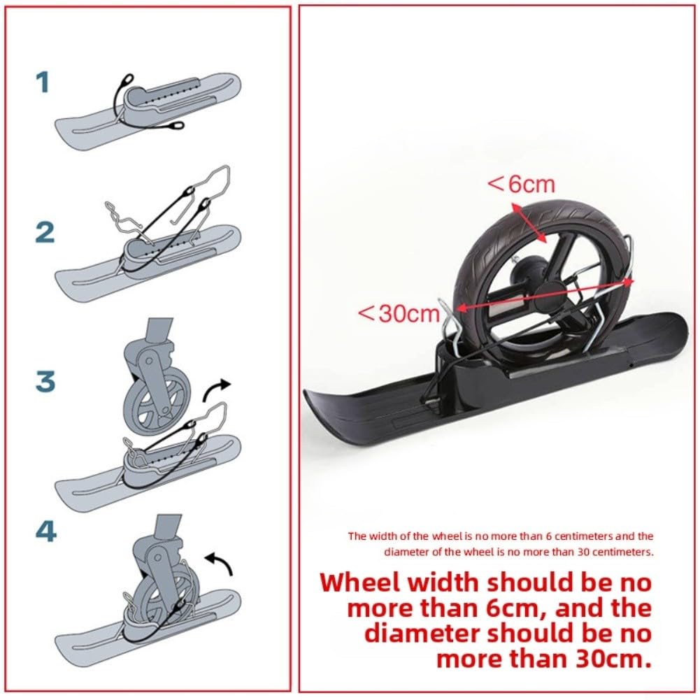 Luge à neige pour fauteuil roulant, vélo, scooter, poussette, plaque de ski en polypropylène compatible avec roues de 15 à 30 cm de diamètre, 6 cm de large, utilisation multi-terrain, noir