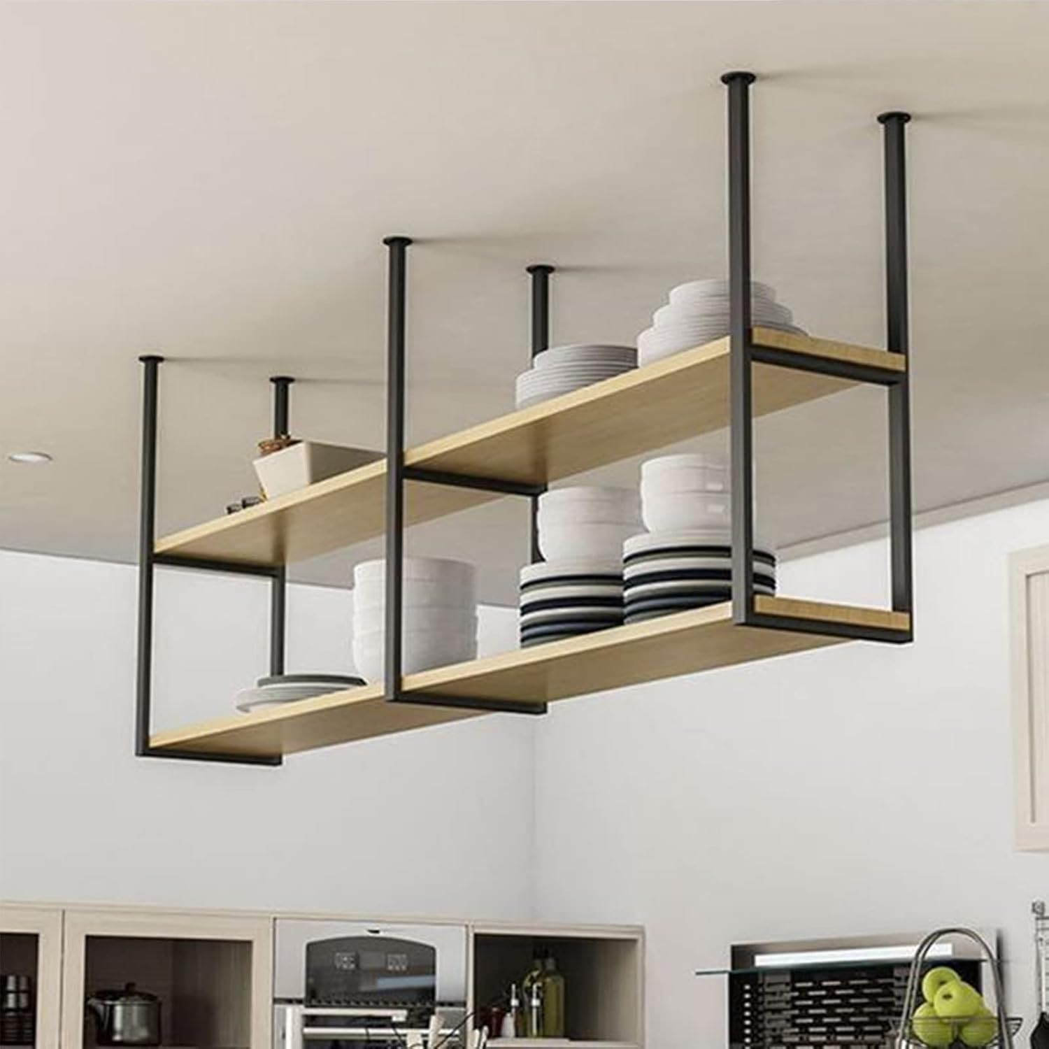 Ceiling Hanging Bar Unit Ceiling Shelf for Bars/Restaurants/Kitchens，Hanging Wine Holder Suspended Ceiling Storage Rack & Shelves，Black Wrought Iron Solid Wood Flower Stand，2-Layer (Size :