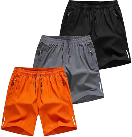 3-Pack Mens Athletic Shorts Ice-Silk Quick-Dry Fabric Elastic Waistband with Drawstring Zippered Pocket