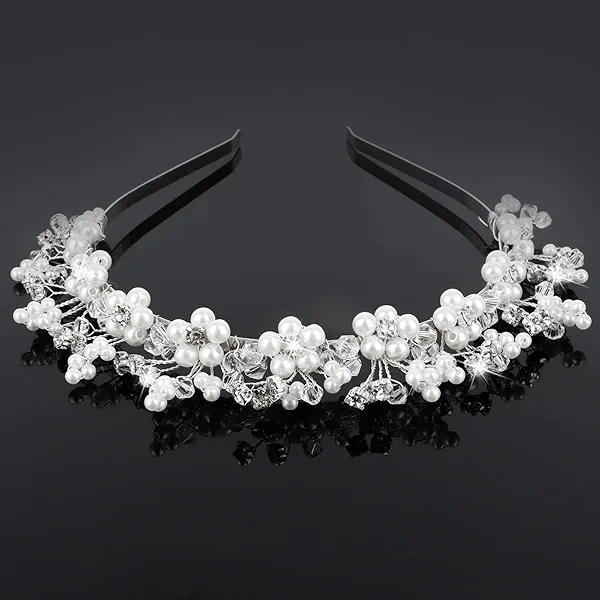 KIUEZIR Flower Girl Wedding Headband Crystal Hair Accessories Silver Bridal Pearl Headband for Prom, Birthday, Party, and First Communion