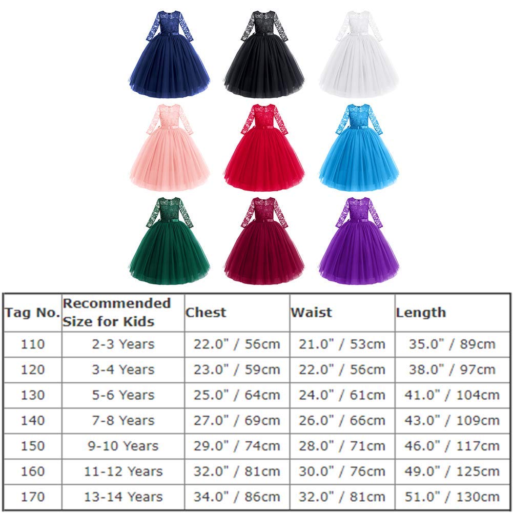 ABEHIK Vestito da principessa per ragazze con fiori in pizzo, abito da principessa, maniche a sette quarti, abito da sera floreale per bambini, in tulle festivo, maxi abito da festa