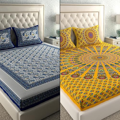 Image of La Verne Combo Pack of 2 Double Bedsheet with 4 Pillow Covers | Cotton Double Flat 104 TC Jaipuri Prints Bedsheet 240 X 220 CM (Blue, Yellow)