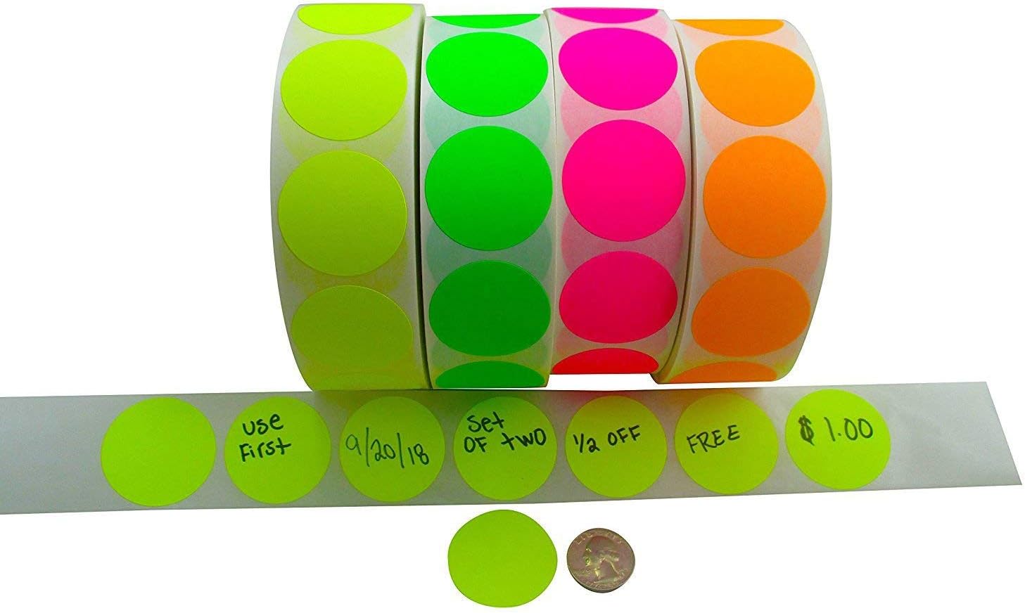Circle Stickers Color Coding Labels Super Bright Fluorescent Neon Yellow, Green, Orange and Pink Round Circle Dots for Organizing Inventory 1.5 Inch 2,000 Total Adhesive Stickers (500 of Each Color)