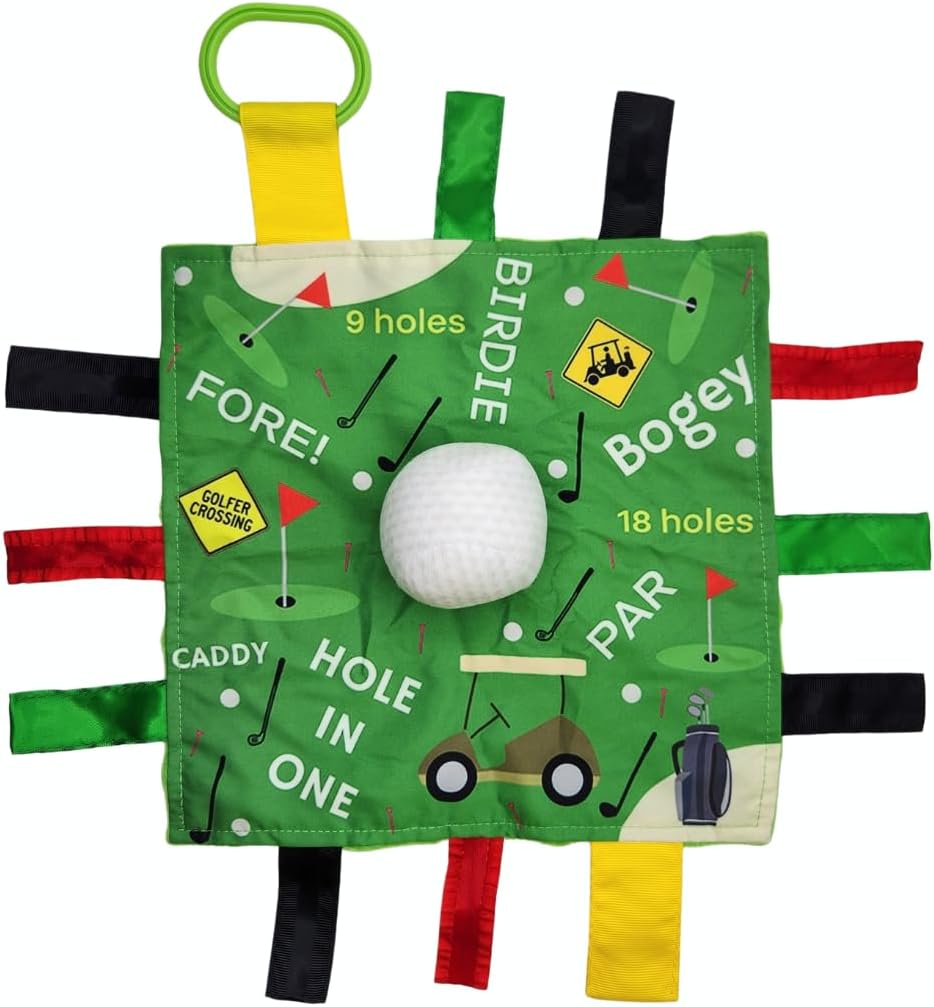 Baby Jack & Co 10x10” Golf Ball Sports Lovey Sensory Plush Blanket - Tag Toys for Sensory Play - Travel Stroller Toy - Learn Shapes, Letters & Colors - Sports Gift Educational and Soother
