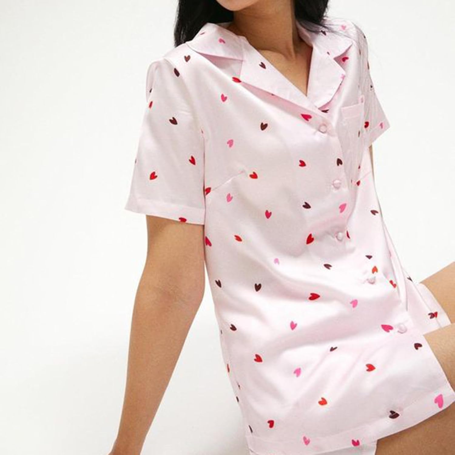 Womens 2 Piece Pajamas Shorts Set Valentine Love Heart Print Short Sleeve Button Shirt&Shorts Loungewear - Image 3
