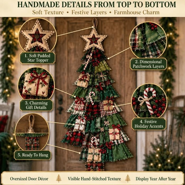 DIY Oversized Patchwork Christmas Tree Door Hanger Kit, 3D Fabric Sewing & Assembly Craft Kit for Adults, Holiday Home Wall & Entryway Decor, DIY Quilted Christmas Tree Kit for Front Door Display，#1