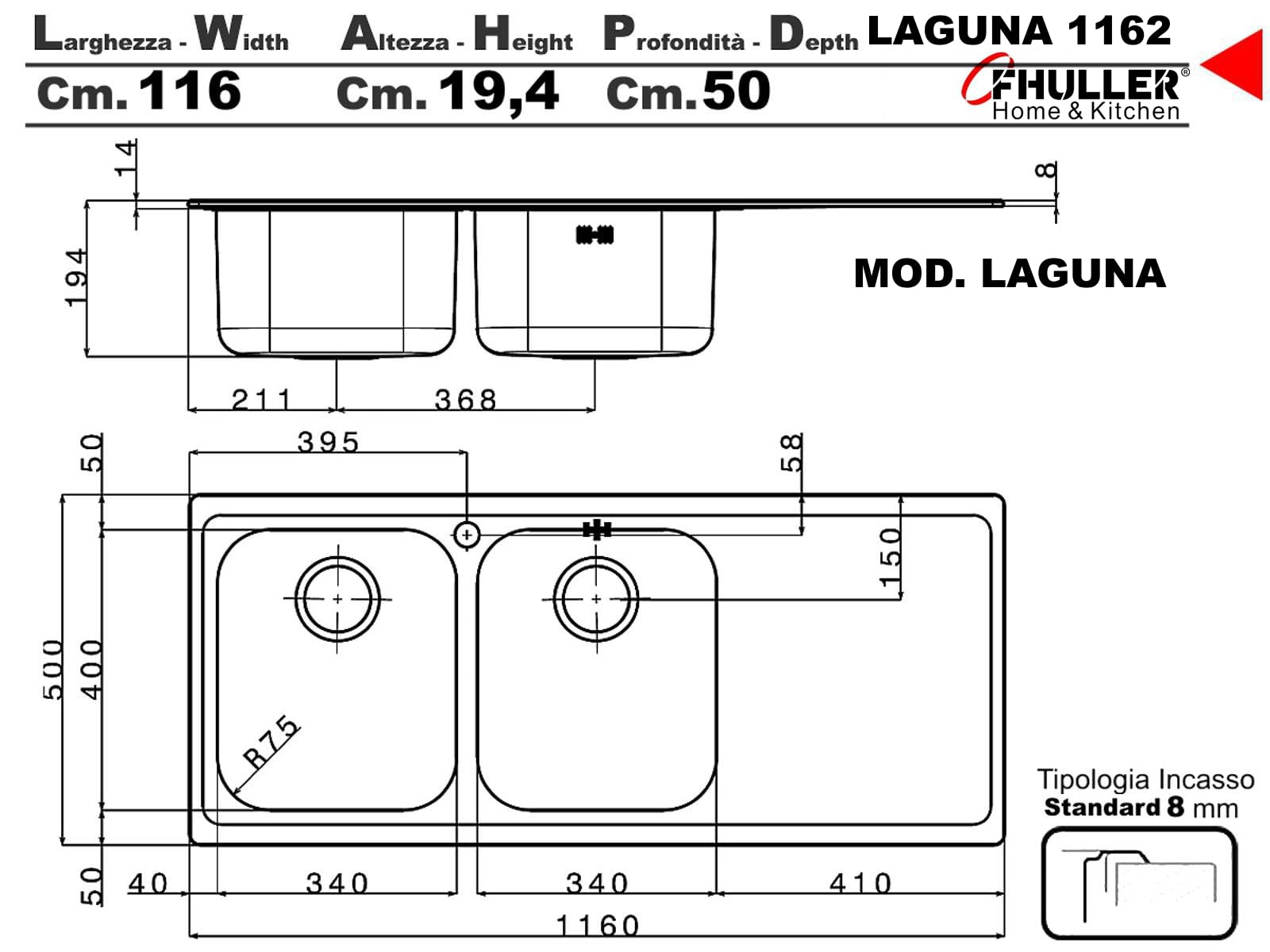 LG1162RVSA ● Lavello Incasso Cucina FHULLER Mod.LAGUNA 116x50 2 Vasche Sinistra e Gocciolatoio Destra, Spessore Acciaio 7/10 Vasche Profonde H 19,4 Ralizzato in Acciaio Inox Antigraffio Made in Italy