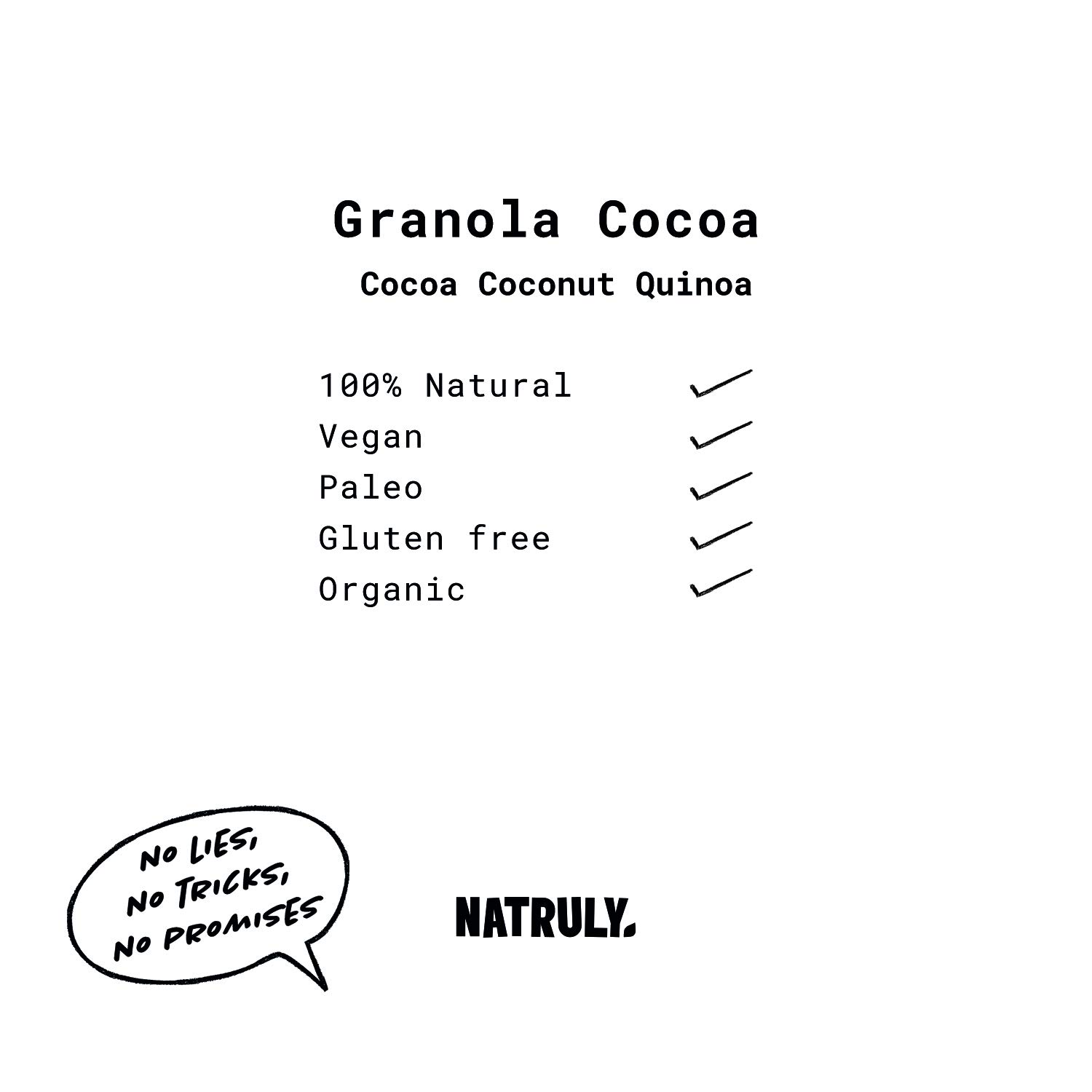 Granola BIO NATRULY, Frutos Secos y Semillas Sin Cereales, Sin Gluten y Sin Azúcar Refinado, Vegana, Sabor Cacao, Coco y Quinoa 325g