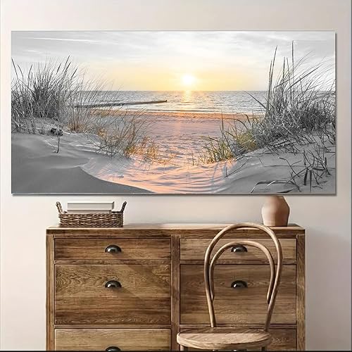 Miniatura 2 de Yxbhhym -Arte de pared de playa con puesta de sol en blanco y negro, decoración de habitación costera, imagen del océano para sala de estar,
