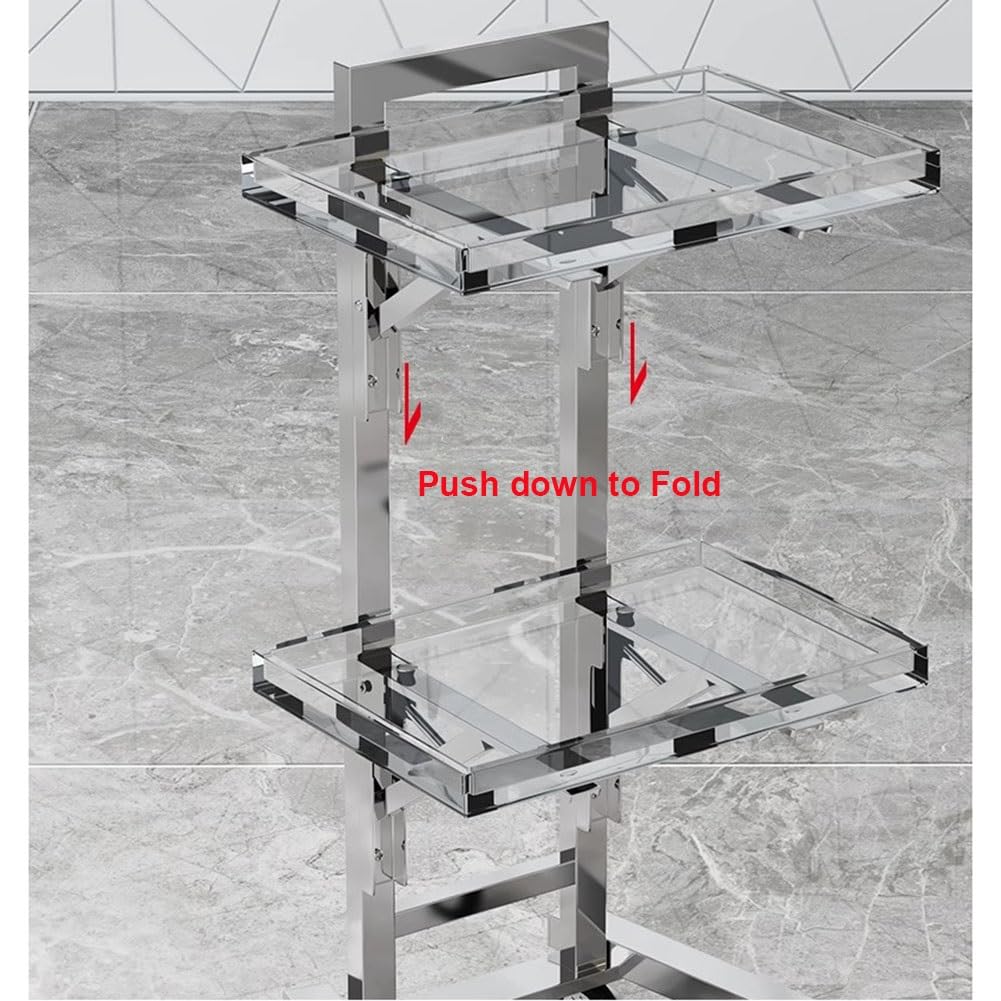 Professioneller, Faltbarer Salon-Tablettwagen aus Edelstahl mit Rollen, 2-stöckiger Rollwagen für Tätowierer, transparente Ablage, tragbar und praktisch,Rosso-40x30x86cm