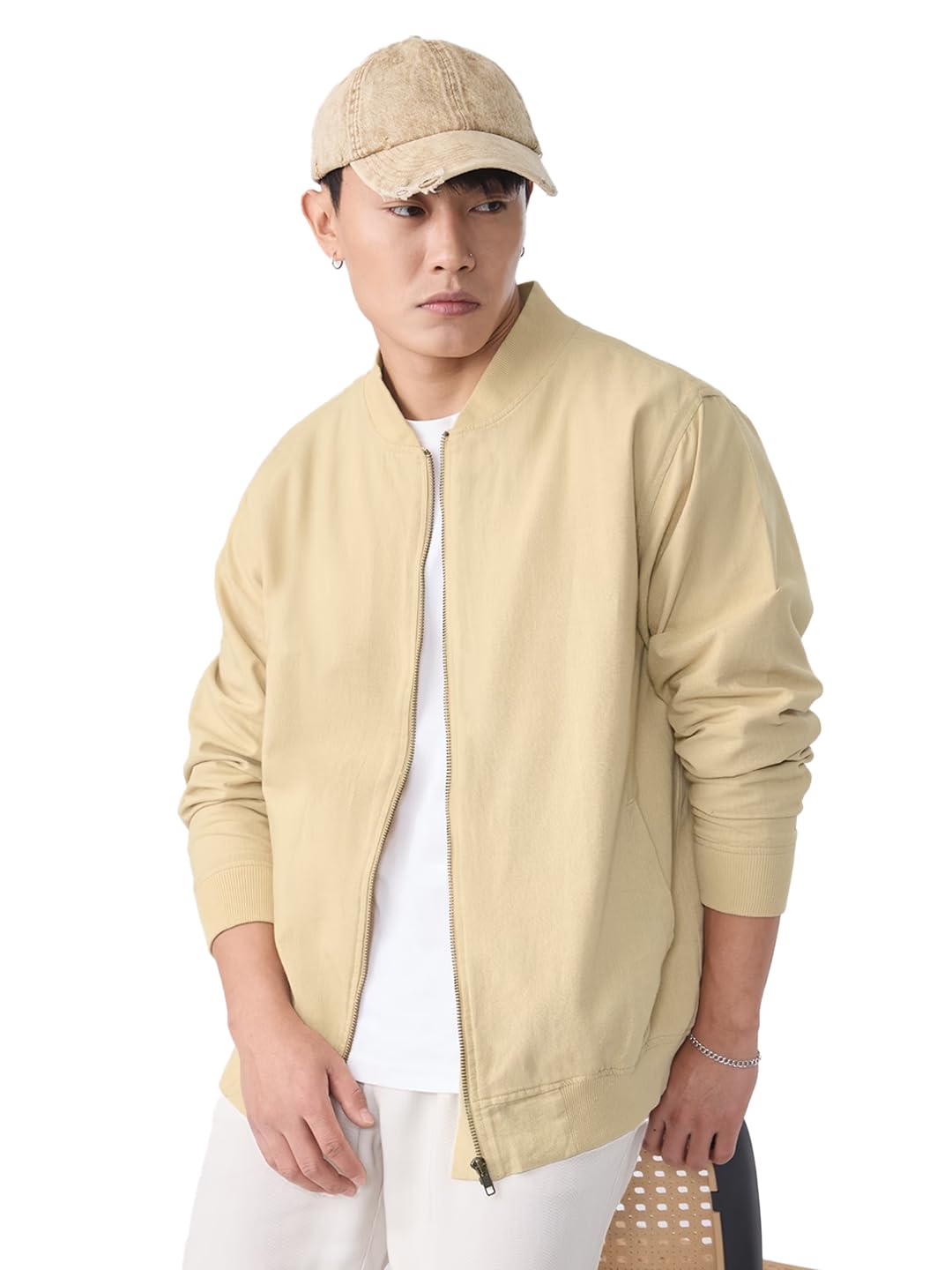 the souled store Cotton Linen Jacket: Dune Men and Boys Full Sleeves Band Neck Solid Lightweight Oversized Fit Casual Summer Streetwear Bomber Jacket-picture-29