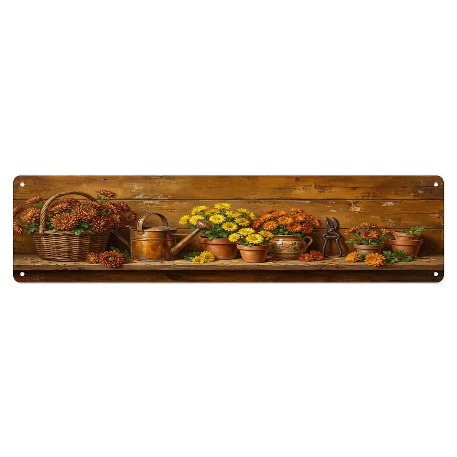 Floral Garden Tools Mum Basket Pattern Print Metal Tin Sign