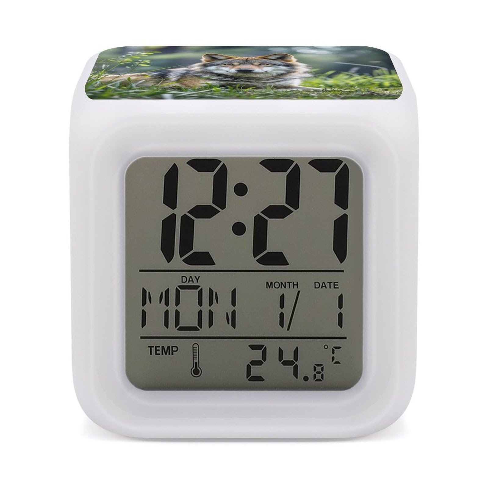 LZQPOEAS Wolf On The Grass Alarm Clock Desk Clock with 7 Color Changing Night Light Digital Clocks with Temperature Display Sleep Training and Sound Machine for Heavy Sleeper