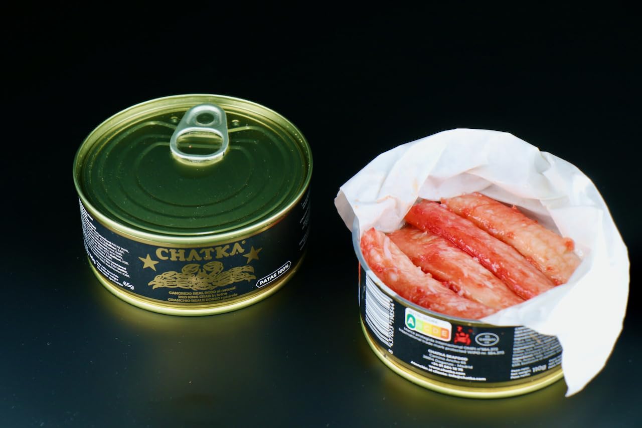 Chatka. Preserved in the traditional format with 100% red king crab legs, packaged in a jar to preserve the texture and qualities of the product. (65 gram)