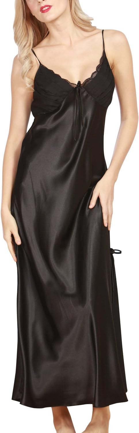 DolamenWomen's Satin Soft Silky Lace Spaghetti Strap Babydoll Chemise Long Nightdress, Black, M