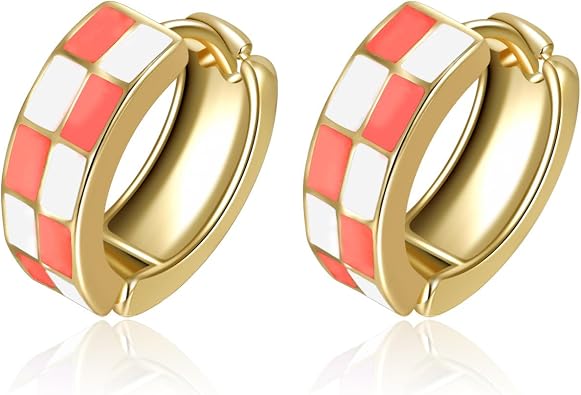 Sriomu Chic Checker Small Hoop Cartilage Earrings Teacher Earrings for Women;White Black Enamel Hypoallergenic Hooped Gifts Gold and Silver tone