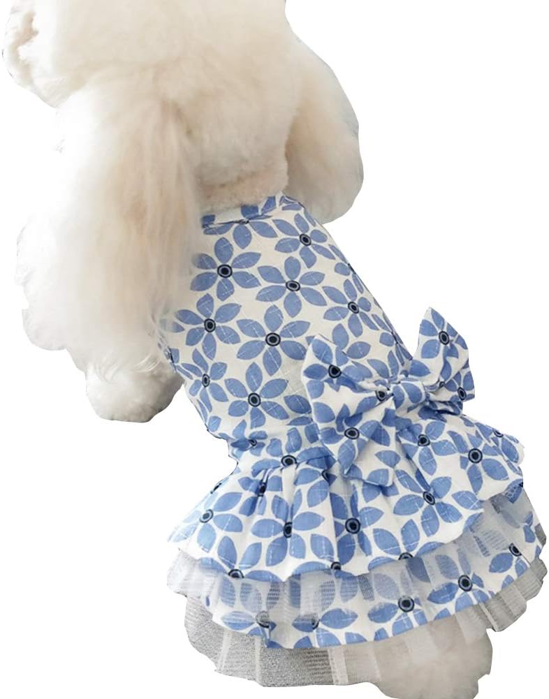 Summer Dog Dresses for Small Dogs Cat Girl Skirt Flowers Tutu Princess Bow Lace Fluffy Birthday Clothes for Summer Wedding Festival Party Accessories (Yellow Small)