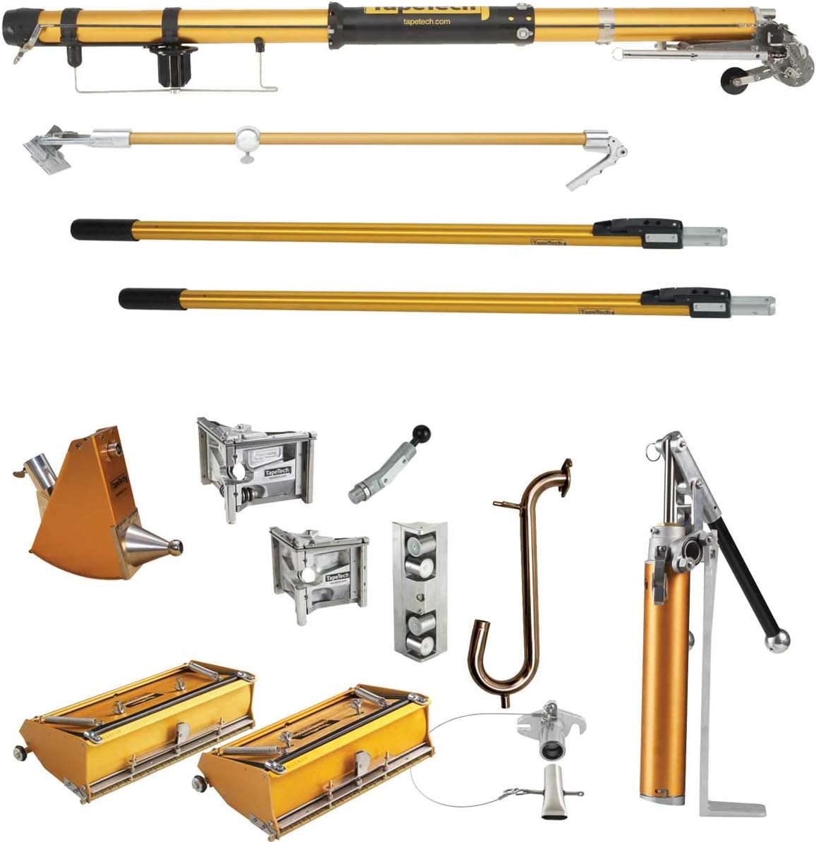 Expanded Full Set of Drywall Taping and Finishing Tools with Bazooka Taper, 10/12 Flat Boxes, Angle Box, Angle Heads, Pump, Gooseneck, Corner Roller and Extendable Handles