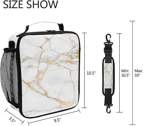 Miniatura 6 de Lonchera con borde dorado de mármol blanco para niños, bolsa de almuerzo aislada, bolsa enfriadora con correa de hombro congelable, lonchera con