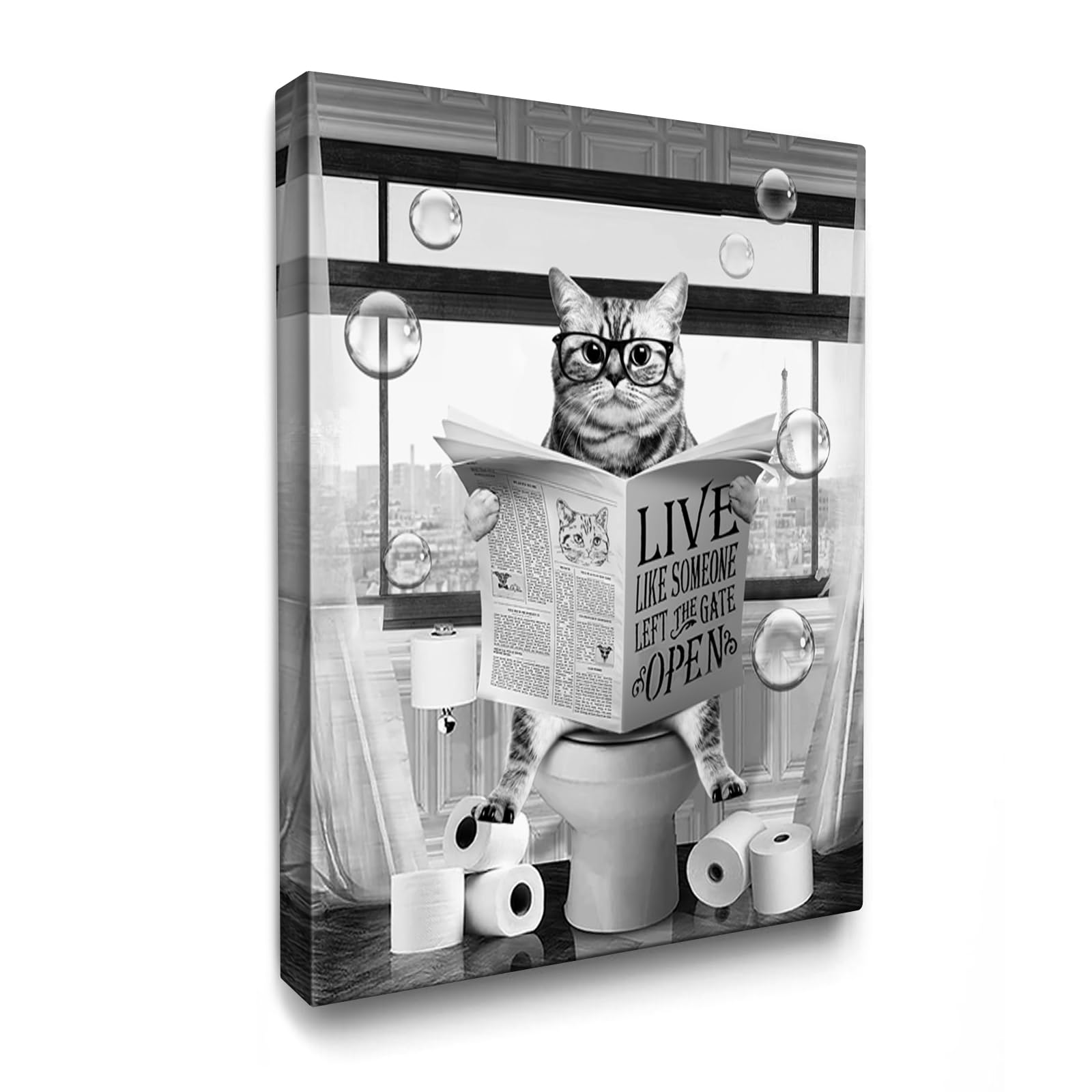 Luslya Funny Cat Bathroom Decor Canvas Wall Art Cute Cat Sitting in Toilet Reading Newspaper Painting Black and White Bathroom Wall Decor Framed