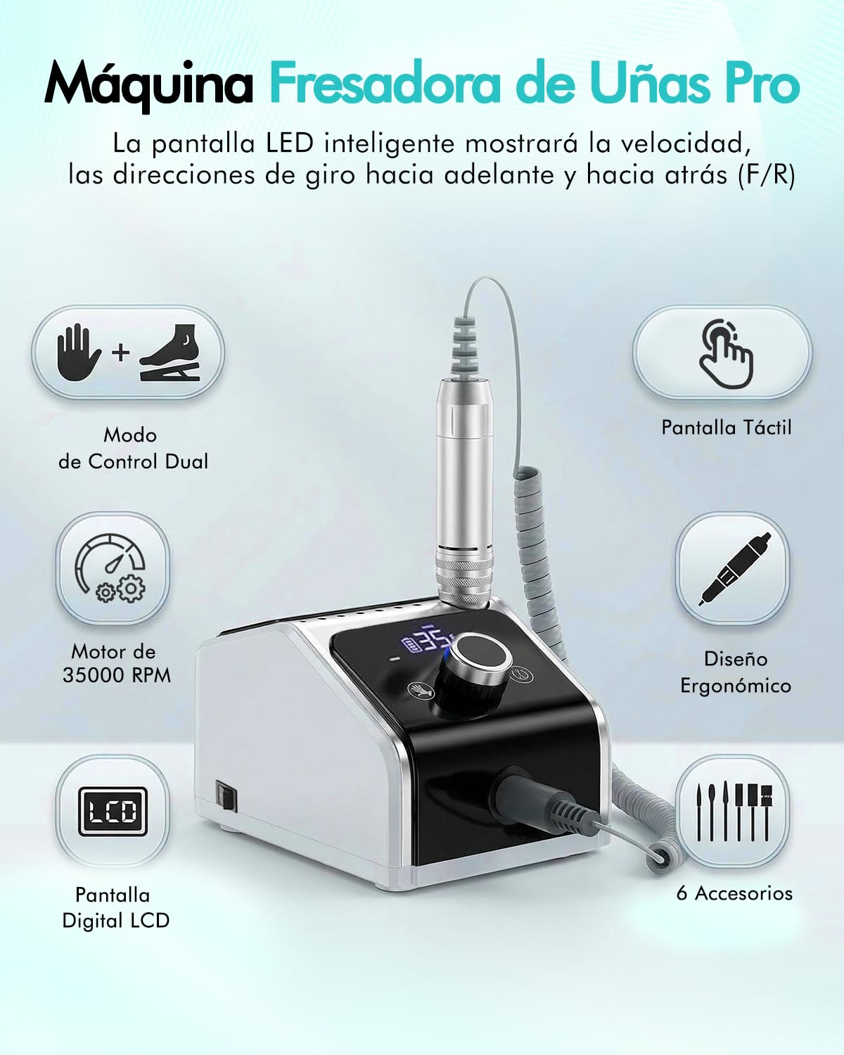 CozyZen Máquina de Taladro de Uñas Eléctrico Profesional, 35000 RPM con Pantalla LCD, Control Manual/De Pedal y Funcionamiento Silencioso, para Uñas Acrílicas/Gel - Uso en Hogar y Salón（Blanco）