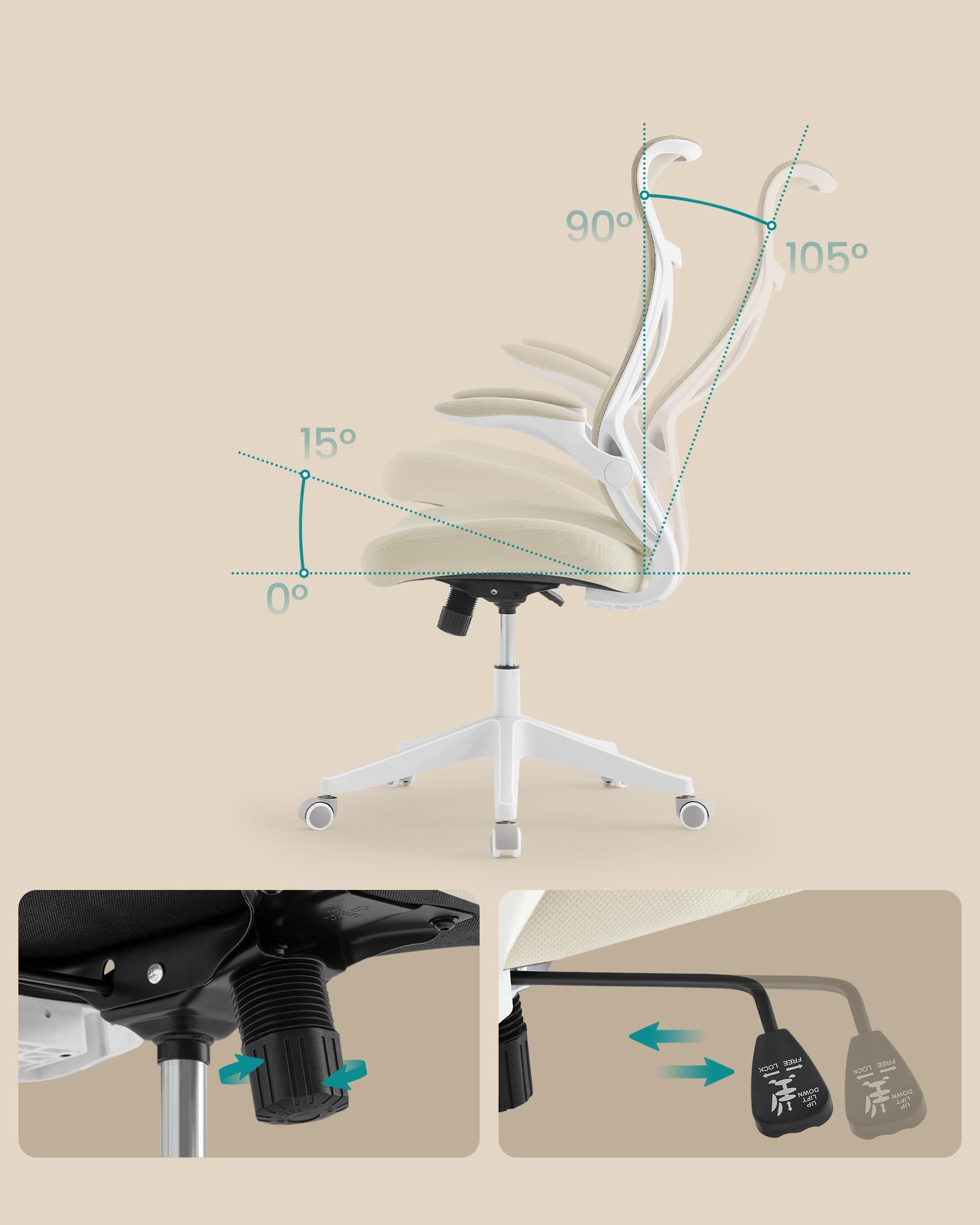 SONGMICS Krzesło biurowe, obrotowe krzesło siatkowe, ergonomiczne oparcie, regulacja wysokości, rozkładane podłokietniki, zagłówek, obciążenie do 150 kg, beżowy cappuccino OBN088K01
