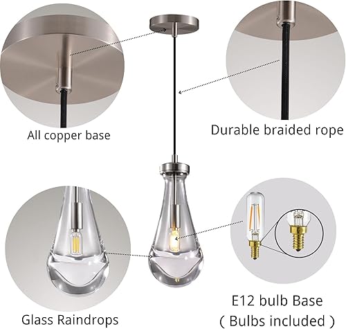 Miniatura 4 de Juego de dos luces colgantes de gota de lluvia, luces colgantes de níquel para isla de cocina, iluminación colgante de interior, lámparas colgantes,