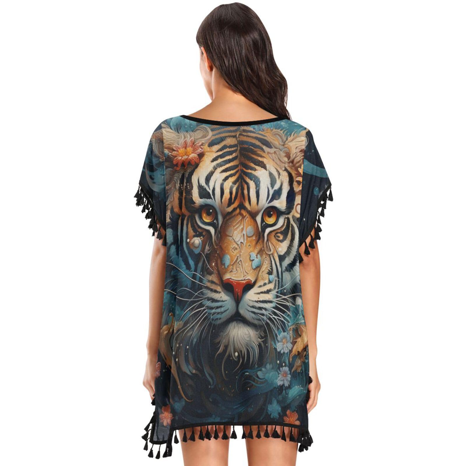 Cool Tiger Face Women's Beach Cover Up Chiffon Tassel Swimwear Swimsuit Coverups for Girl