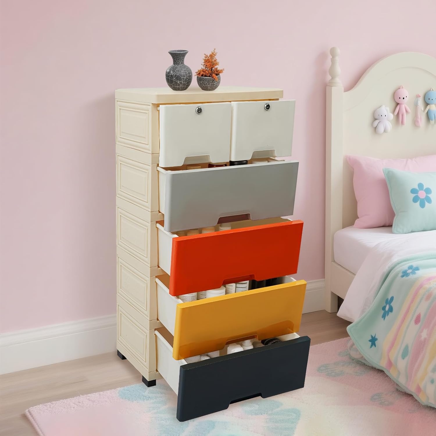 5-Tier Plastic Drawers Dresser with Lock, Storage Dresser with 6 Drawers, Freestanding Movable Tower Storage Drawers Organizer,Tall Dressers Shelf for Living Rooms Furniture (Morandi)
