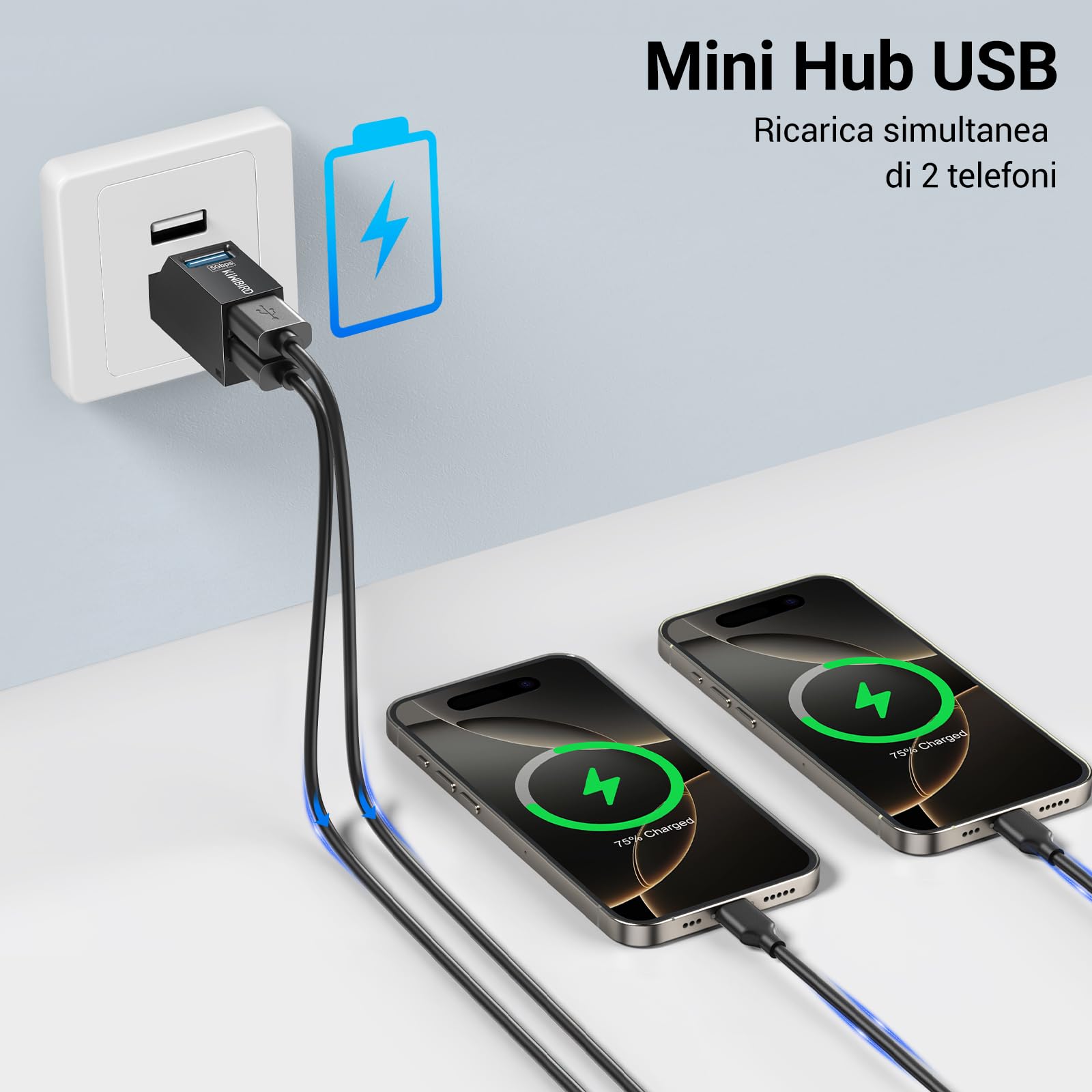KiWiBiRD sdoppiatore USB multipla, hub USB 3.0 2x USB2.0, doppia presa USB splitter adattatore duplicatore ricarica ciabatta per PC compatibile con chiavetta stampante tastiera mouse cuffie