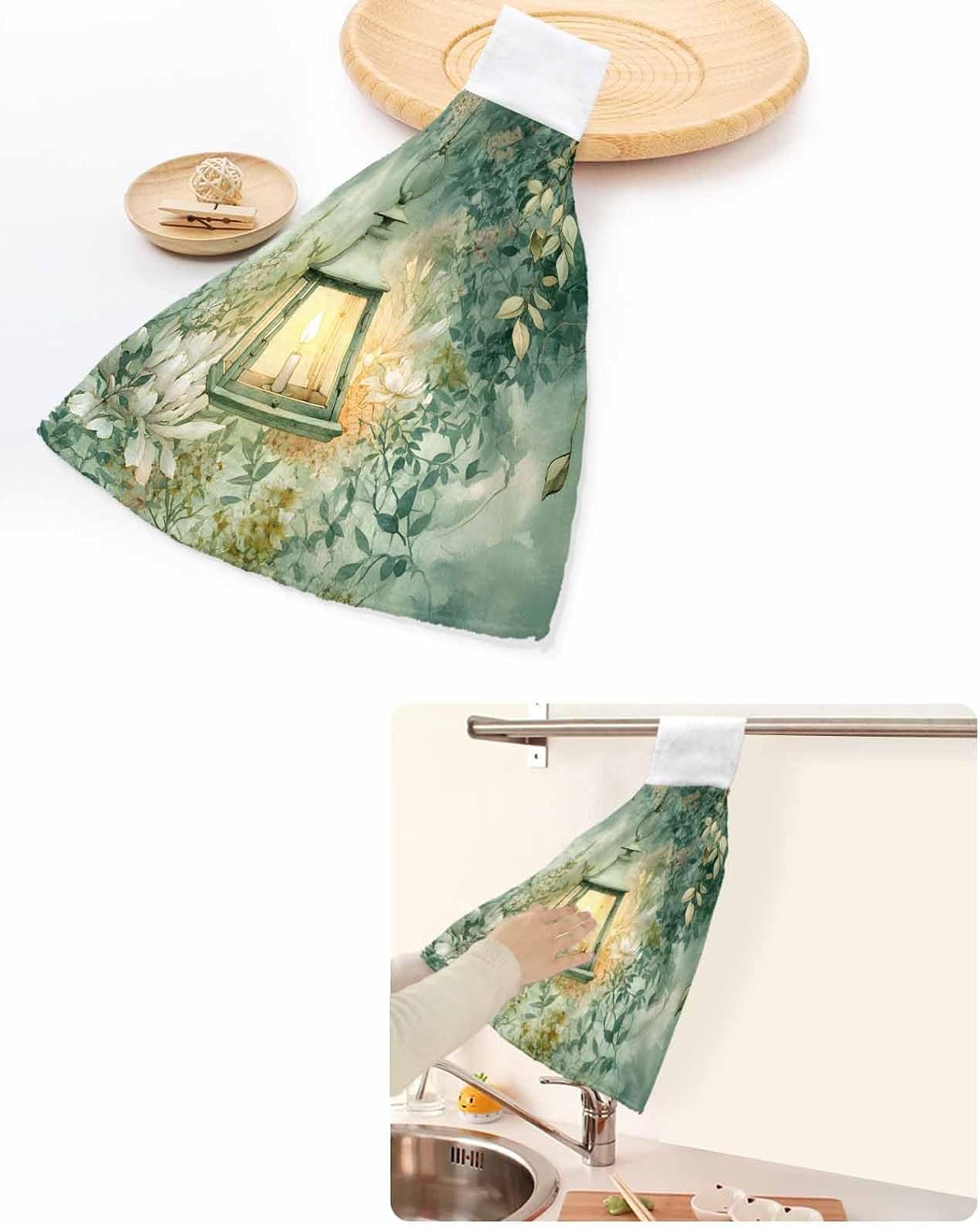 Vintage Oil Light Kitchen Hand Towels with Hanging Loops Set of 2 Spring Green Leaves Retro Candles Soft Thick Oven Fingertip Dry Microfiber Tie Dish Towel Absorbent Cleaning Washcloth for Bathroom