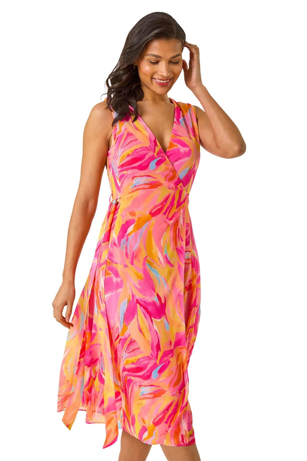 Roman Women's Pink Floral Print Wrap Chiffon Midi Dress In Size 10