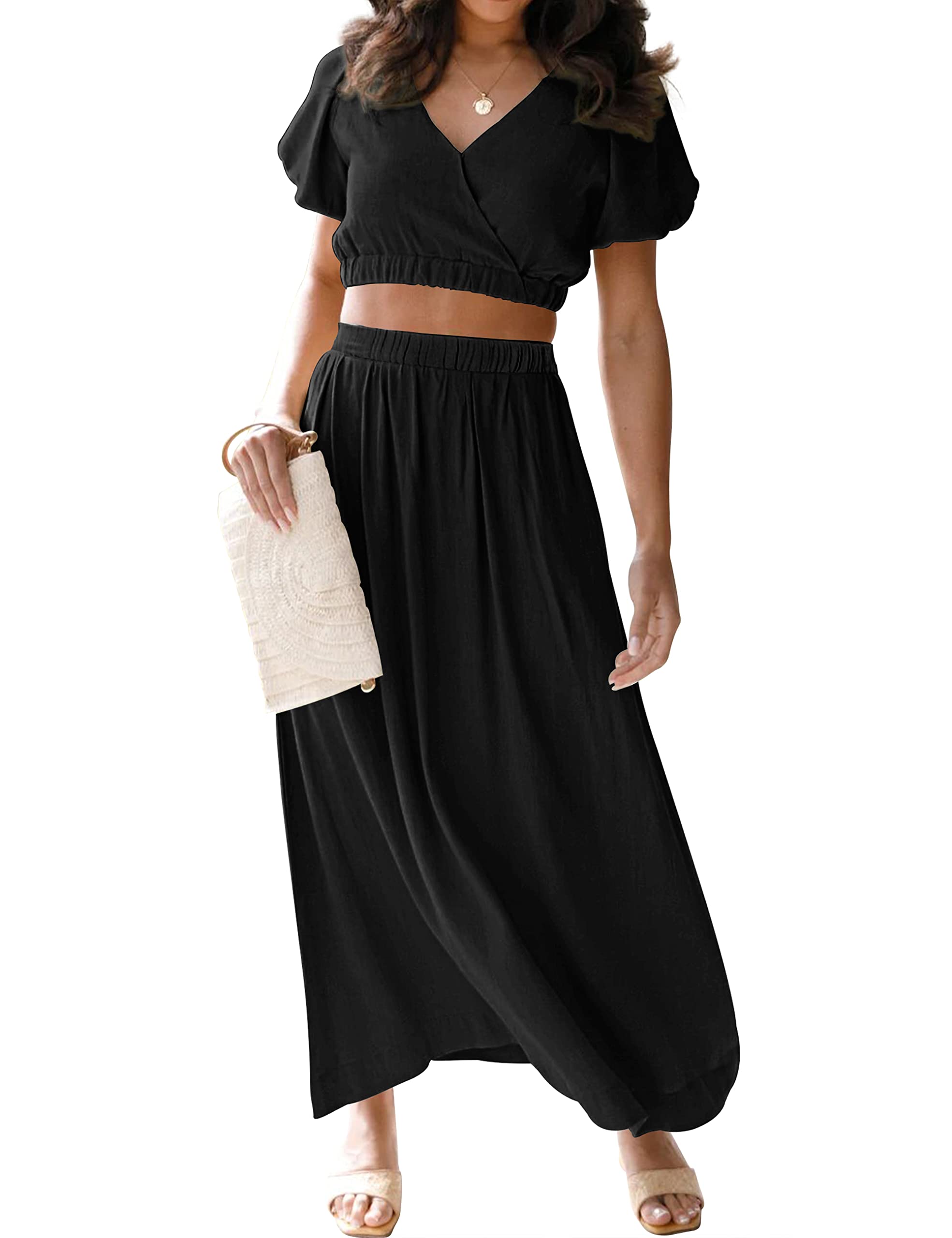 MEROKEETYWomen's Summer Two Piece Outfits V Neck Puff Sleeve Crop Top and Flowy Maxi Skirt Set
