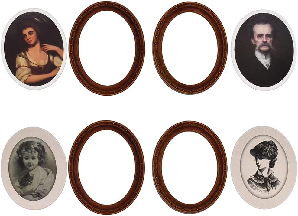 iLAND Miniature Dollhouse Accessories, 4 Dollhouse Picture Frames Set w/Printed Paintings (4 Dark Brass Oval Frames w/ 4 Portraits)