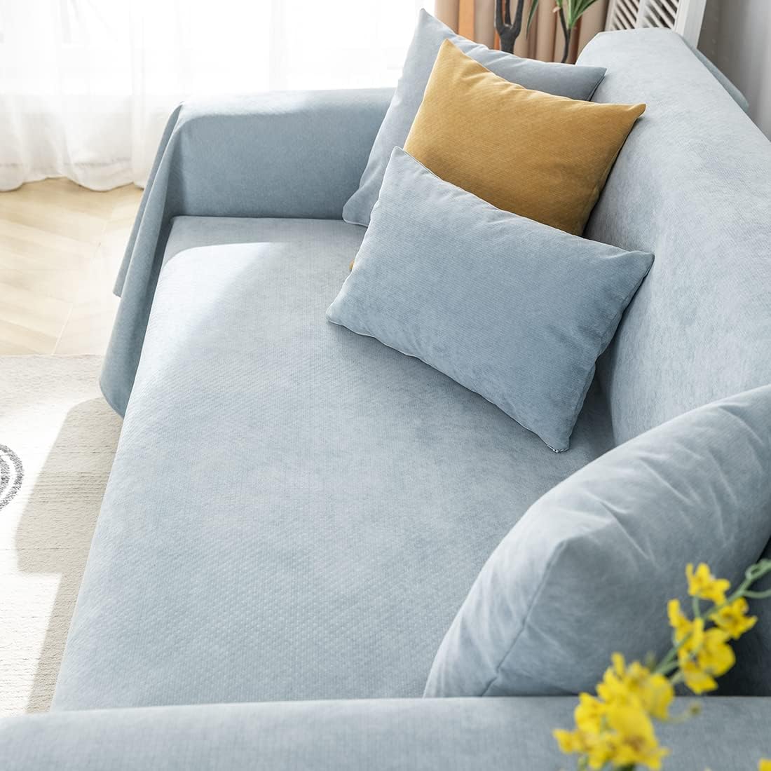 Farmhouse Sofa Cover Solid Color Couch Covers Non Slip Thick Medium Sectional Couch Cover for Living Room Couch Protector for Dogs Pet (Light Blue,70"x90")