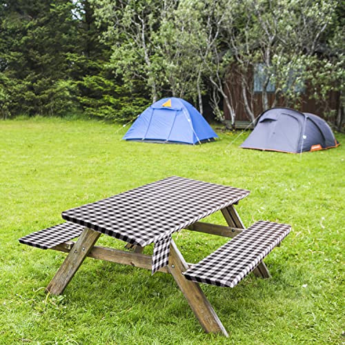 Picnic Table Cover With Bench Covers, 3-Piece Set Vinyl Elastic Fitted Rectangle Waterproof Picnic Tablecloths With 2 Pockets Flannel Backing For Outdoor/Bbq/Camping(30 X 72 Inch,Black-Checkered) #TOP27